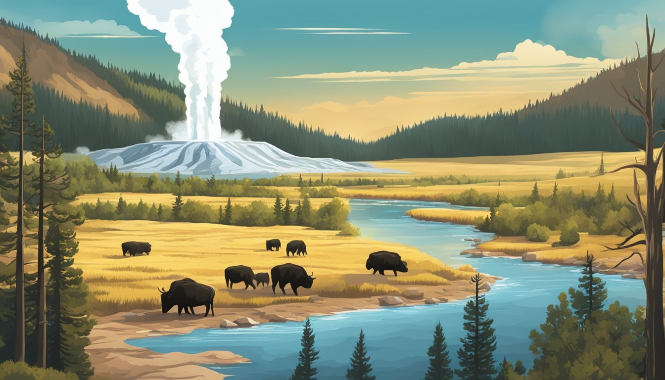 A television screen shows the iconic Yellowstone National Park, with geysers erupting and wildlife roaming the picturesque landscape