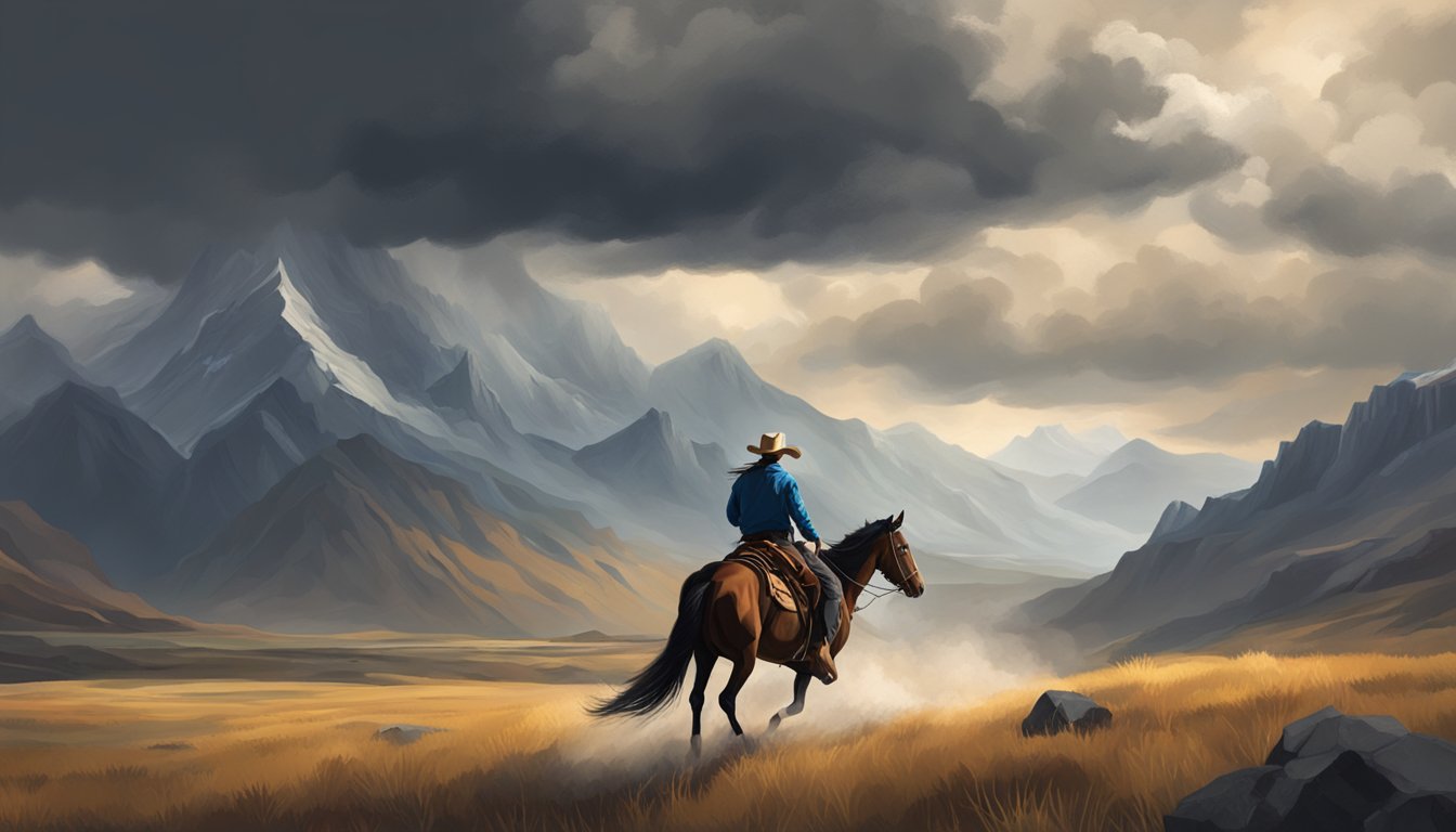 A cowboy riding a horse in a dramatic landscape with mountains and a stormy sky