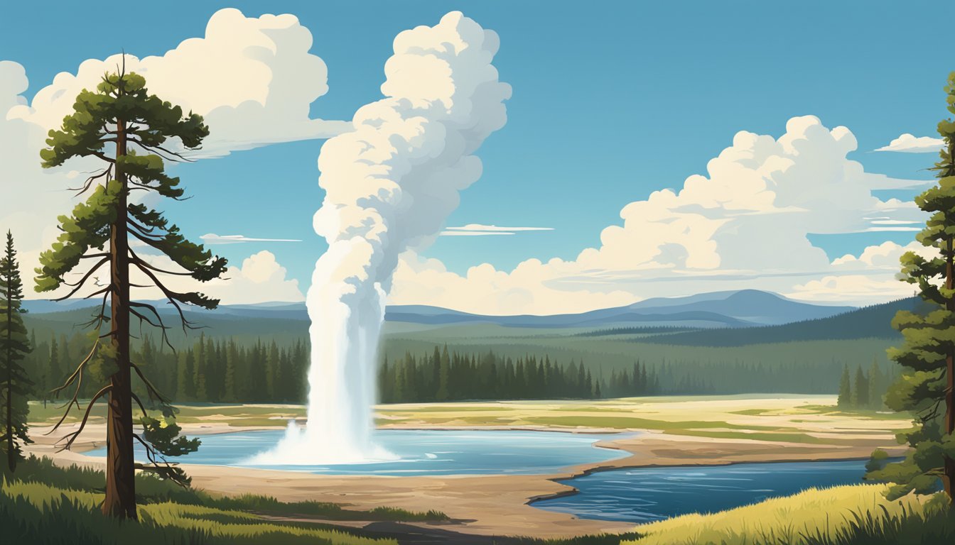 A serene landscape of the Yellowstone National Park, with a geyser erupting in the distance, surrounded by lush greenery and a clear blue sky