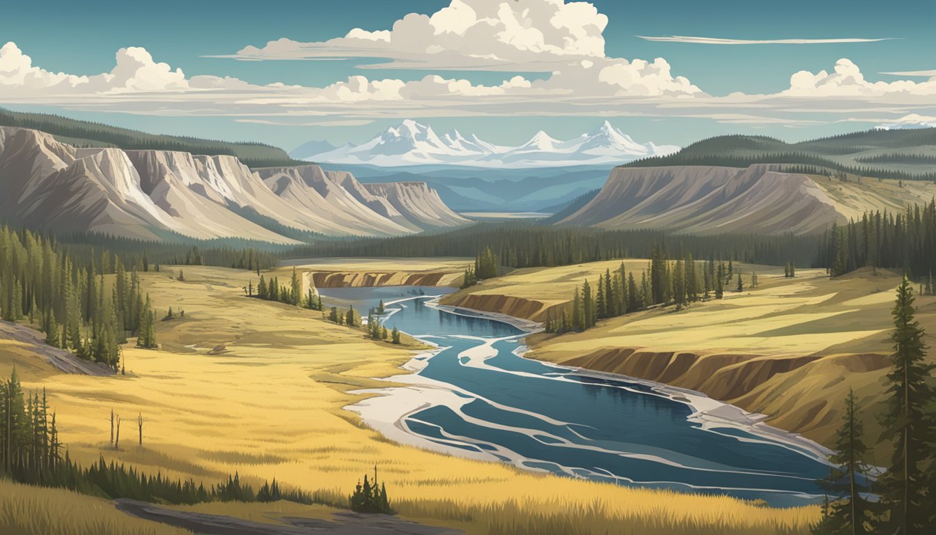 A panoramic view of the vast Yellowstone landscape, featuring rugged mountains, sprawling fields, and a winding river