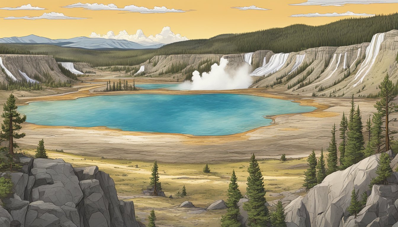 A panoramic view of the rugged Yellowstone National Park, featuring iconic geysers and wildlife