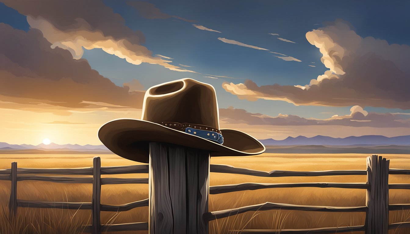 A lone cowboy hat rests on a weathered fence post, surrounded by vast open prairie under a dramatic sky