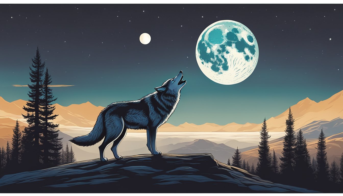 A lone wolf howling at the moon in a vast, untamed wilderness