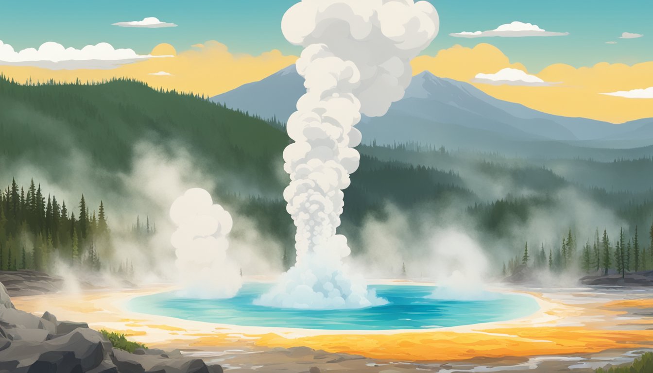 A bubbling geyser erupts amidst a backdrop of colorful hot springs and steaming pools in Yellowstone National Park