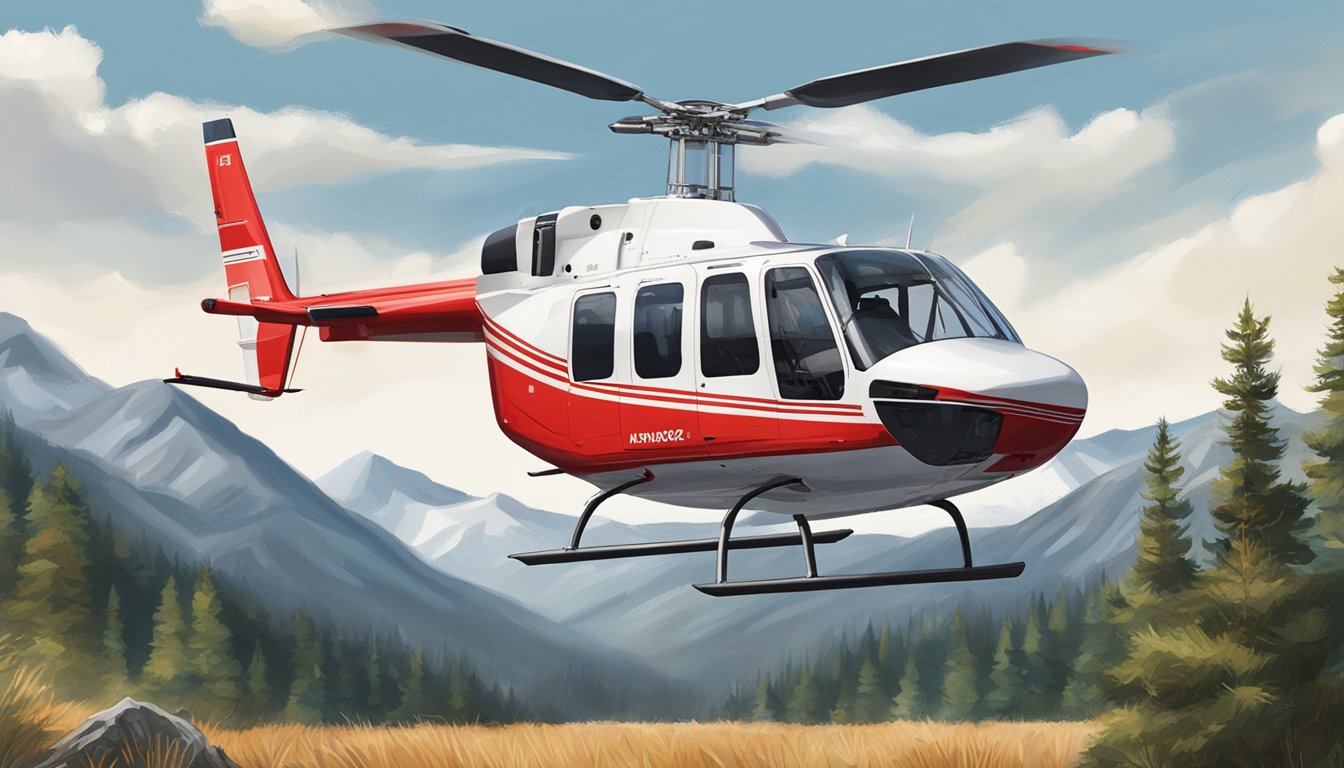 A red and white Bell 206L LongRanger helicopter lands in a field surrounded by mountains and pine trees