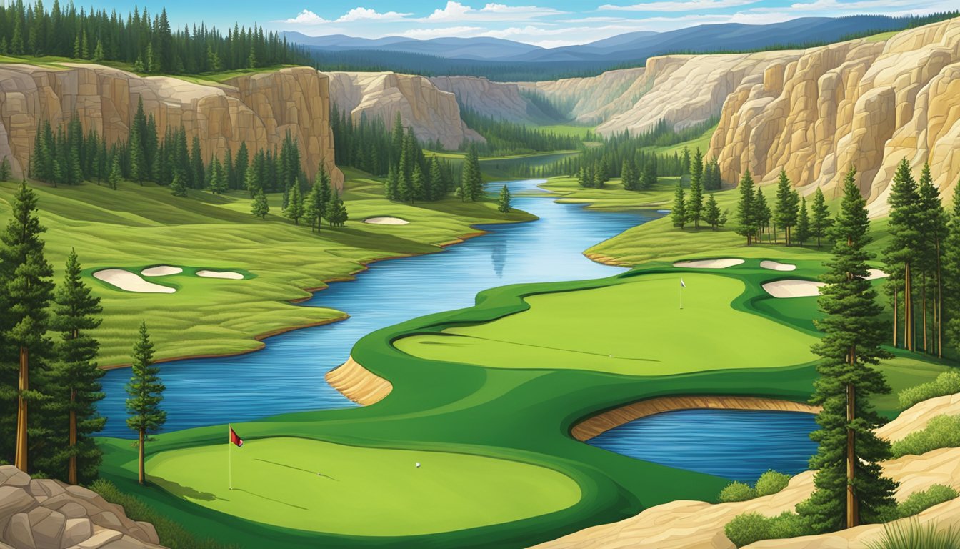 A lush, green golf course nestled within the breathtaking landscape of the Yellowstone series