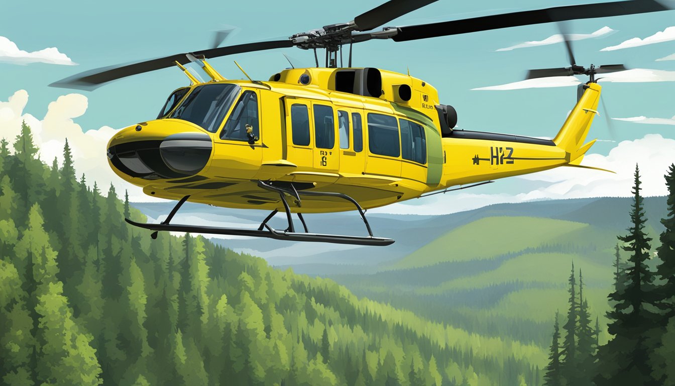 A Bell UH-1 "Huey" helicopter hovers above a dense forest in Yellowstone National Park, with its rotors spinning and the iconic yellow body standing out against the green landscape