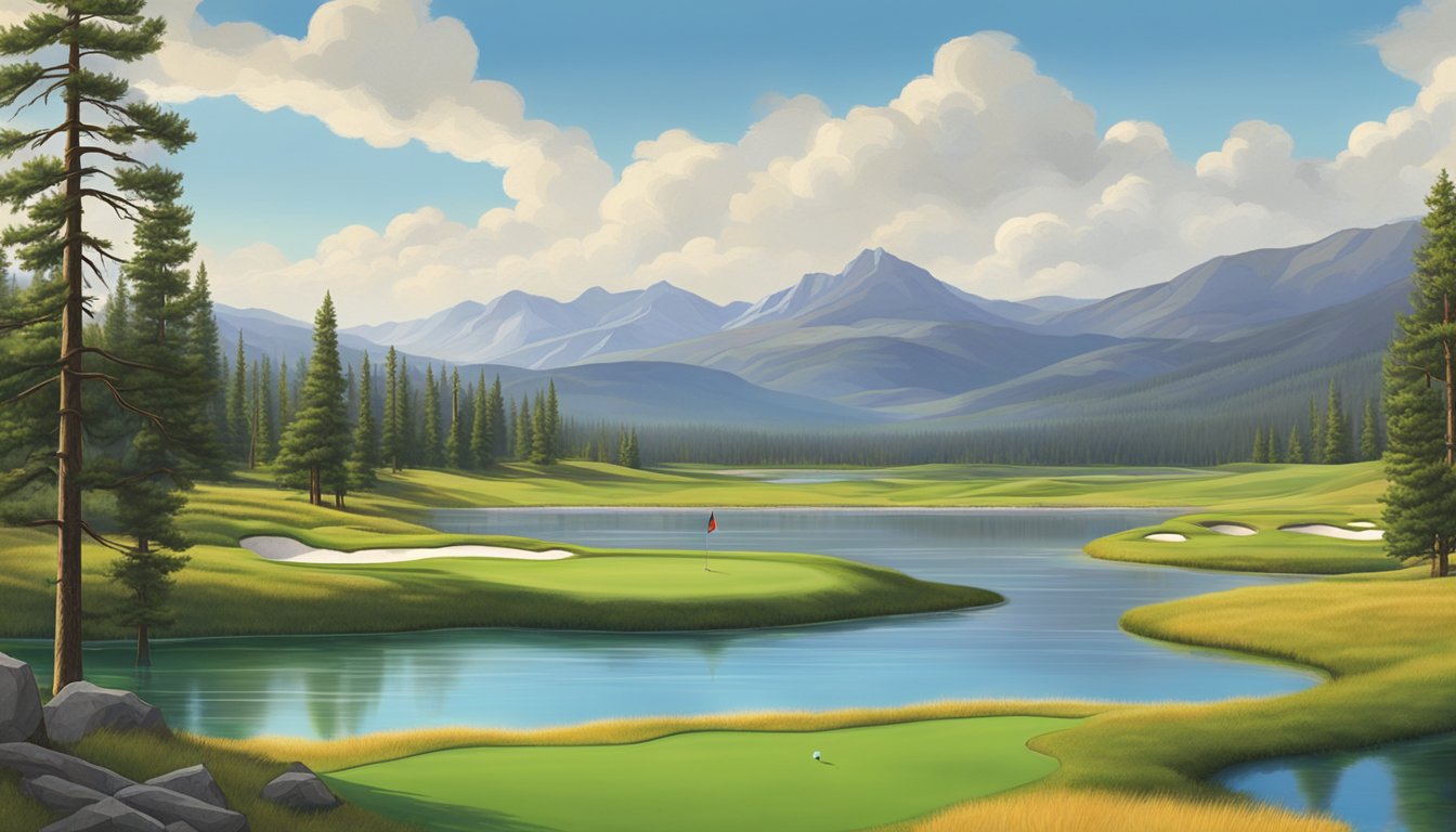 A lush, green golf course nestled among the rugged mountains of Yellowstone, with a tranquil lake in the background