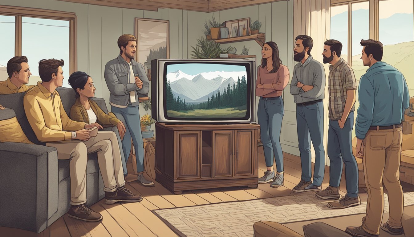 A group of people gathered around a television, reacting to the critical reception and ratings of the Yellowstone series