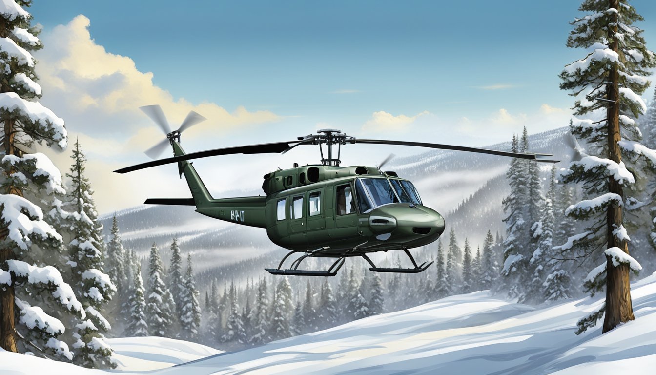 A Bell UH-1 "Huey" helicopter hovers over a snow-covered forest in Yellowstone National Park