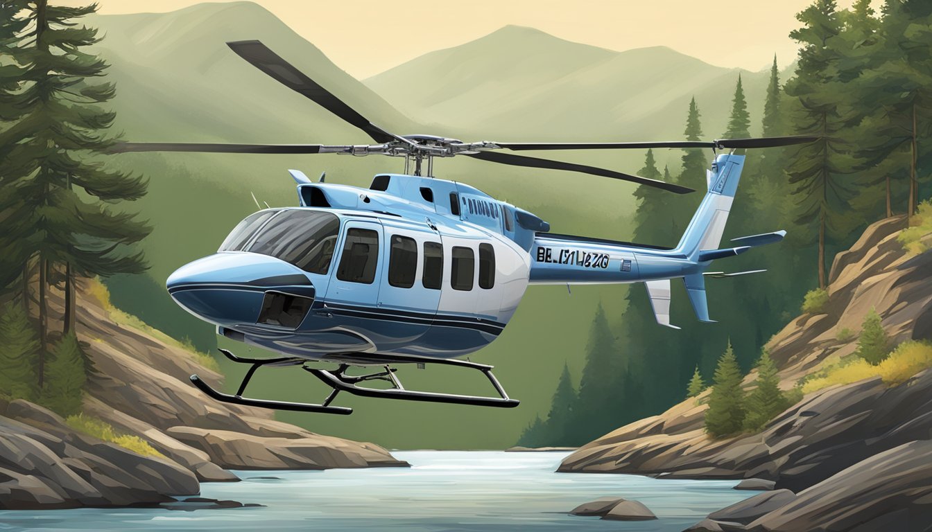 A Bell 206 JetRanger helicopter hovers over a rugged landscape with a river and pine trees below