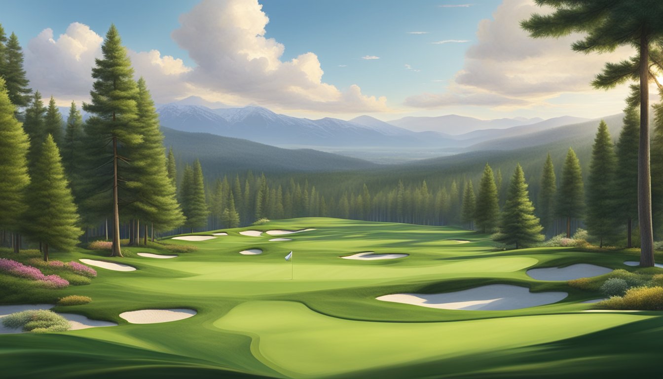 A sprawling, lush golf course with rolling green fairways and manicured putting greens, surrounded by towering pine trees and distant mountains