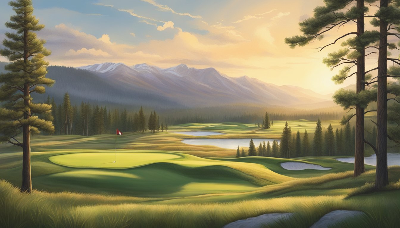 A golfer tees off on a lush, green course surrounded by the natural beauty of Yellowstone National Park