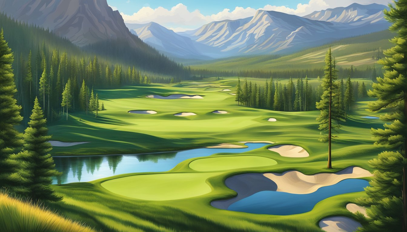 A picturesque golf course nestled within the stunning landscape of Yellowstone National Park. Lush green fairways are surrounded by towering mountains and dense forests