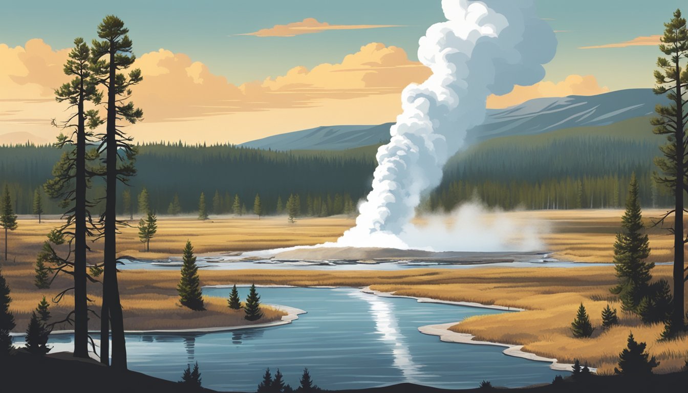 A serene landscape of Yellowstone National Park, with geysers erupting and wildlife roaming in the distance