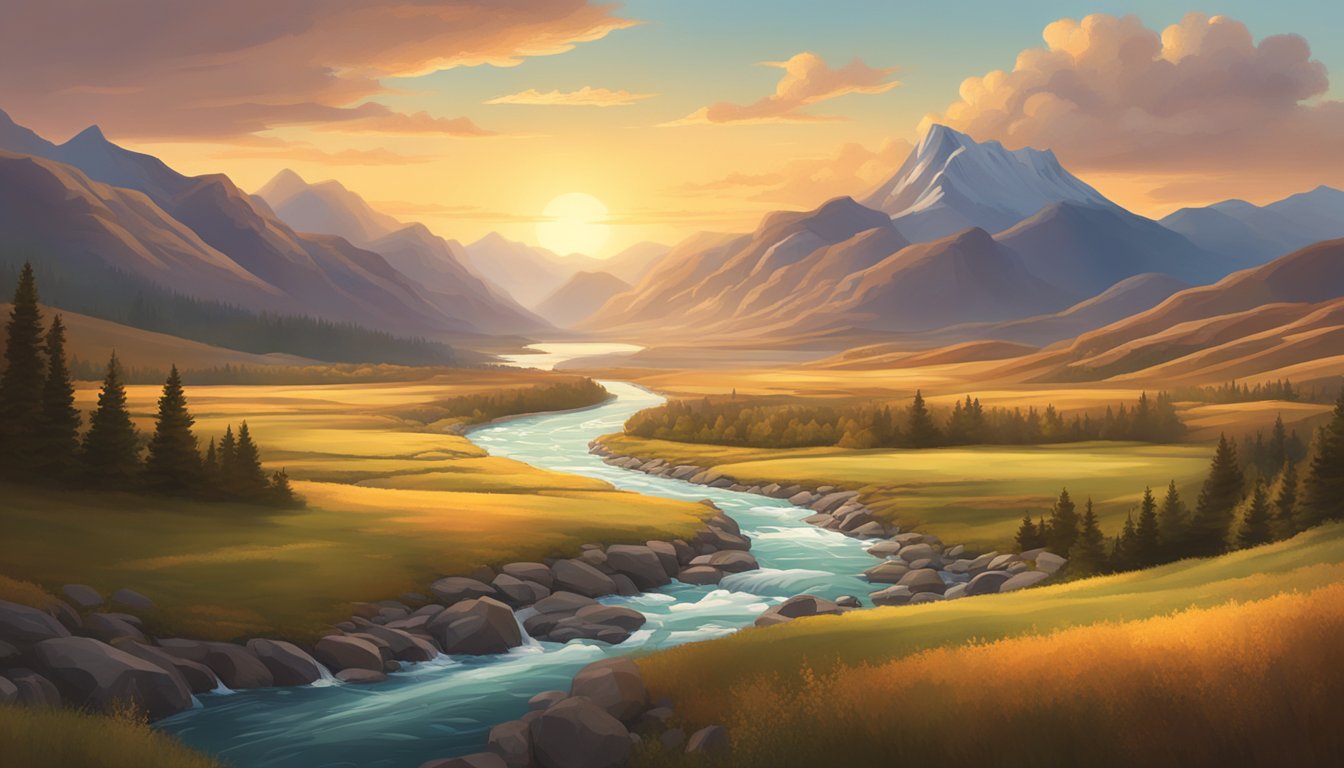 A vast, rugged landscape with rolling hills, towering mountains, and a flowing river, all bathed in the warm glow of a setting sun