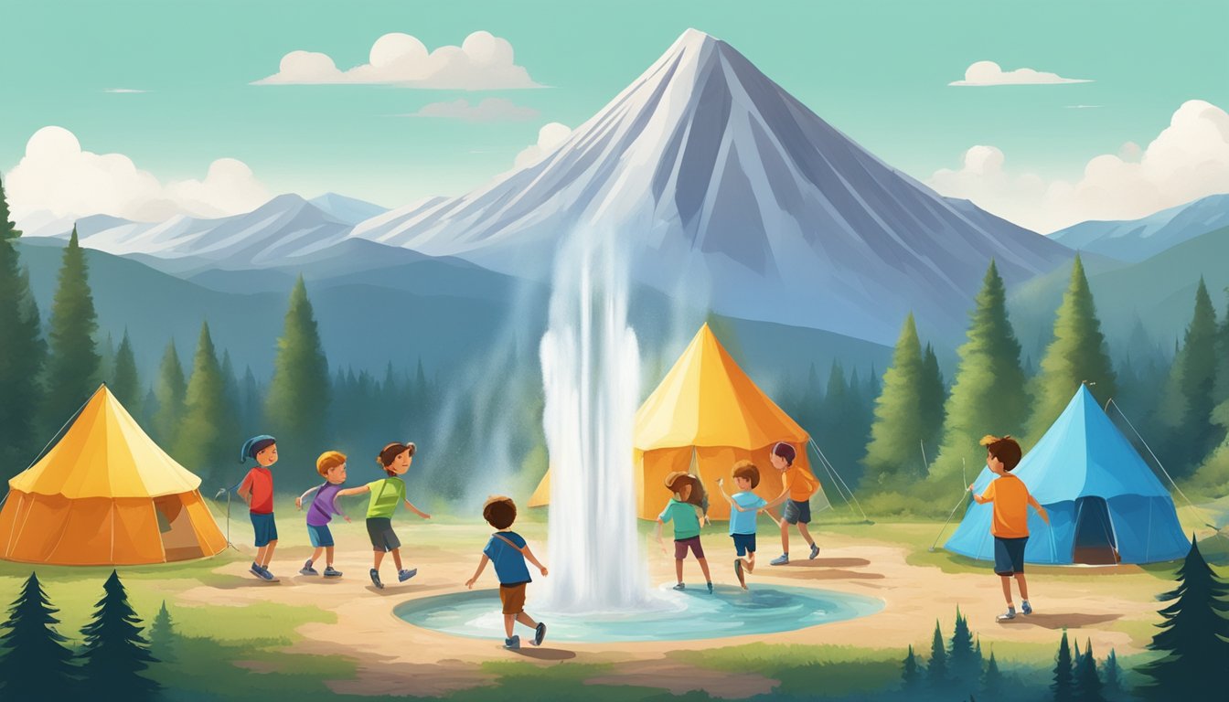 Children playing by a geyser, surrounded by pine trees and mountains, with colorful tents set up in the background