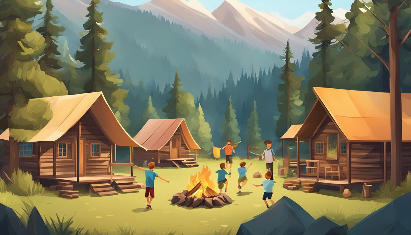 A rustic summer camp nestled in the mountains, with wooden cabins, a crackling campfire, and kids playing outdoor games