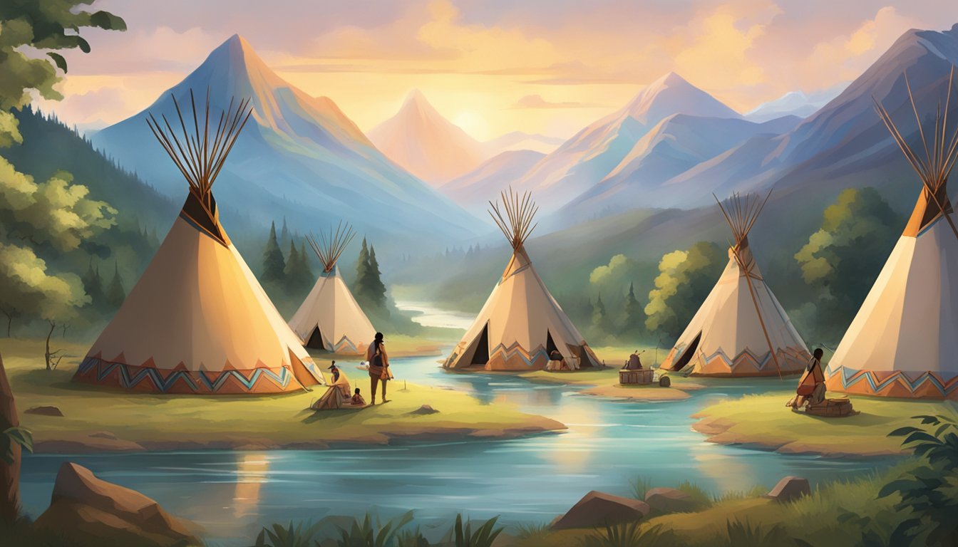 A group of teepees nestled in a lush valley, surrounded by towering mountains and a winding river. Smoke rises from the campfires as members of the tribe go about their daily activities