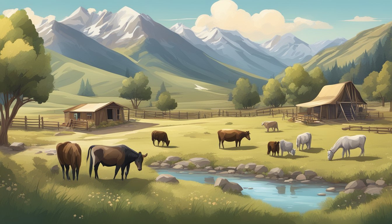 A serene ranch landscape with grazing animals and a rustic campsite nestled in the mountains