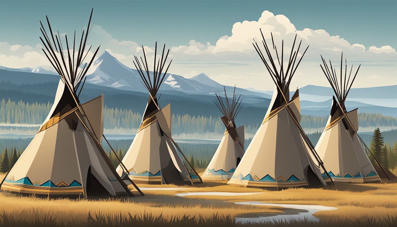 A group of Native American teepees set against a backdrop of the Yellowstone National Park landscape