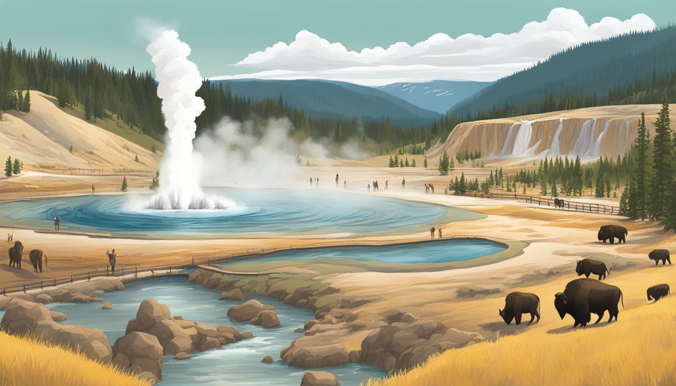 A sweeping landscape of Yellowstone National Park, with iconic geysers and wildlife, surrounded by awe-inspired visitors