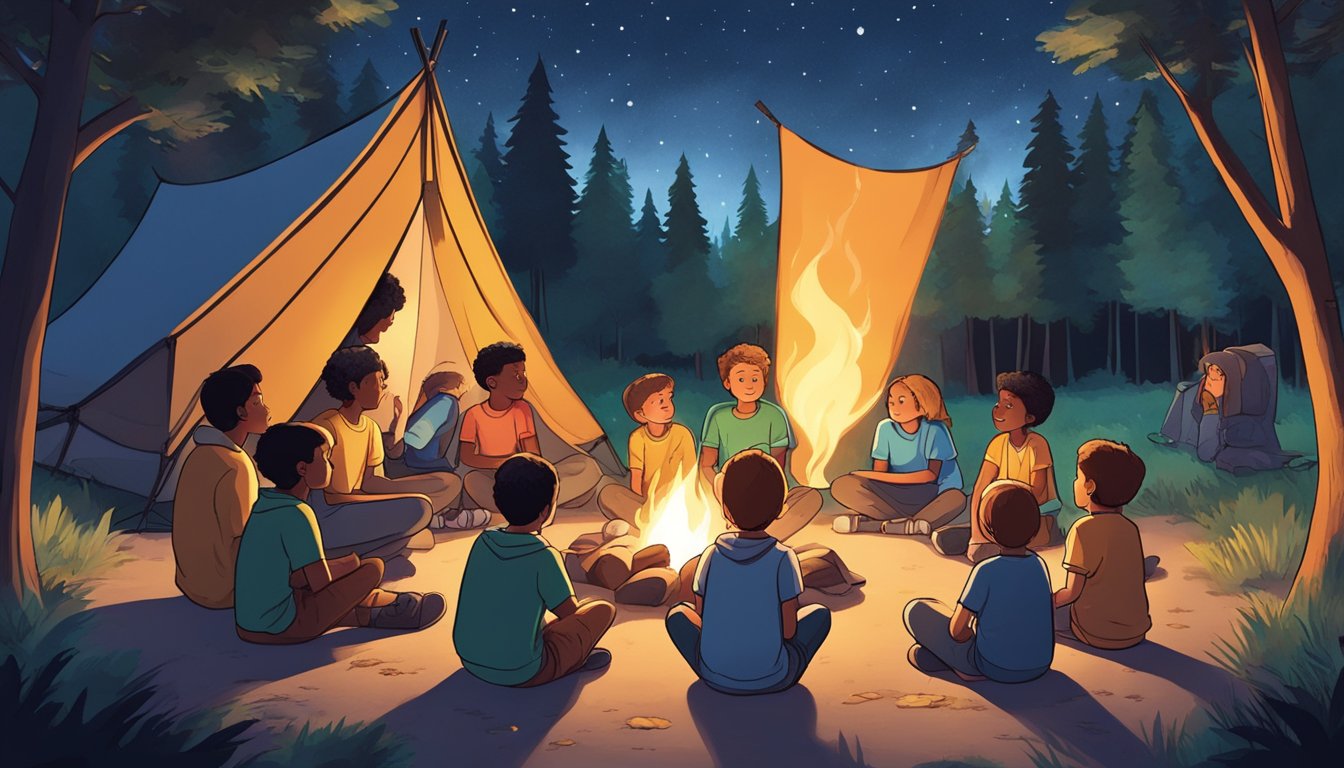 Children gather around a campfire, surrounded by towering trees and a starry sky. A counselor looks on with concern as tensions rise among campers