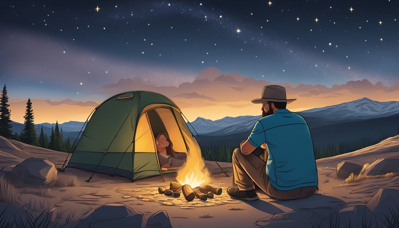 A couple sits by a campfire under the stars, surrounded by the serene beauty of Yellowstone National Park