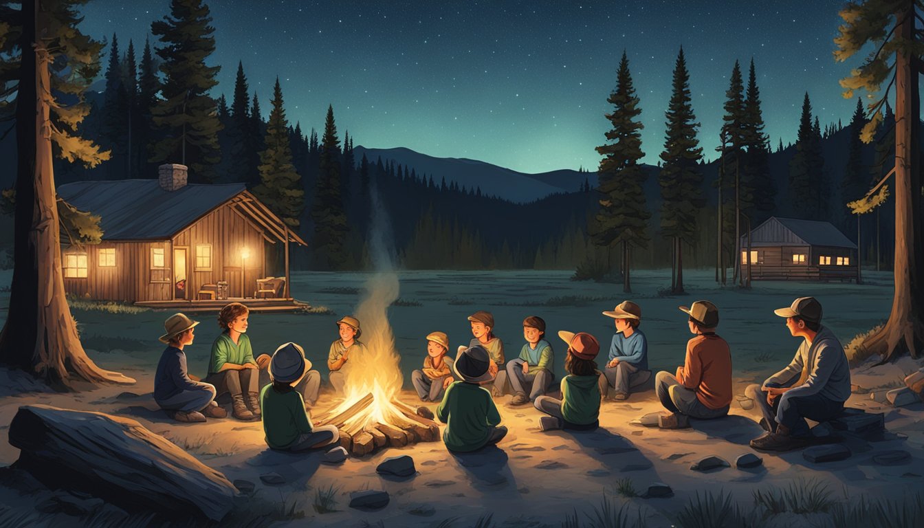 Children gather around a campfire at a rustic Yellowstone ranch, surrounded by towering pine trees and a clear starry sky