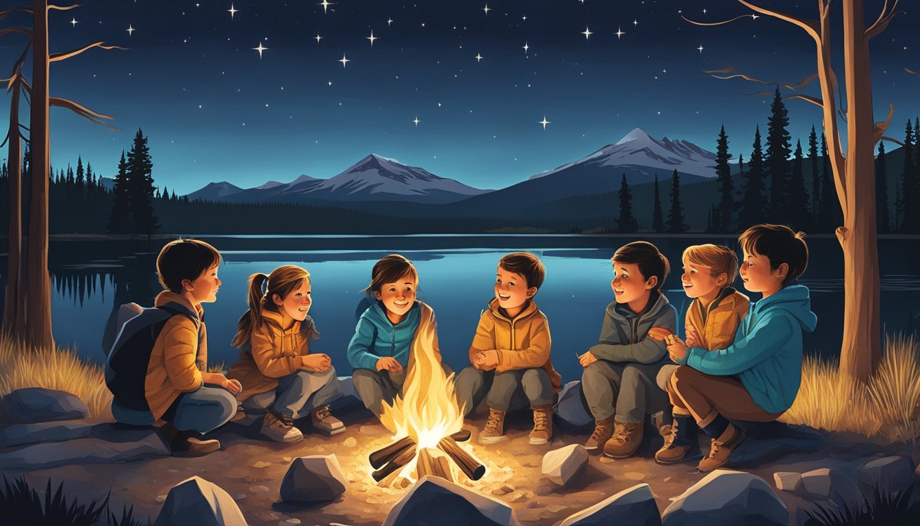 Children gather around a campfire in Yellowstone, roasting marshmallows and telling stories under the stars. The iconic Yellowstone landscape looms in the background, emphasizing the connection to nature