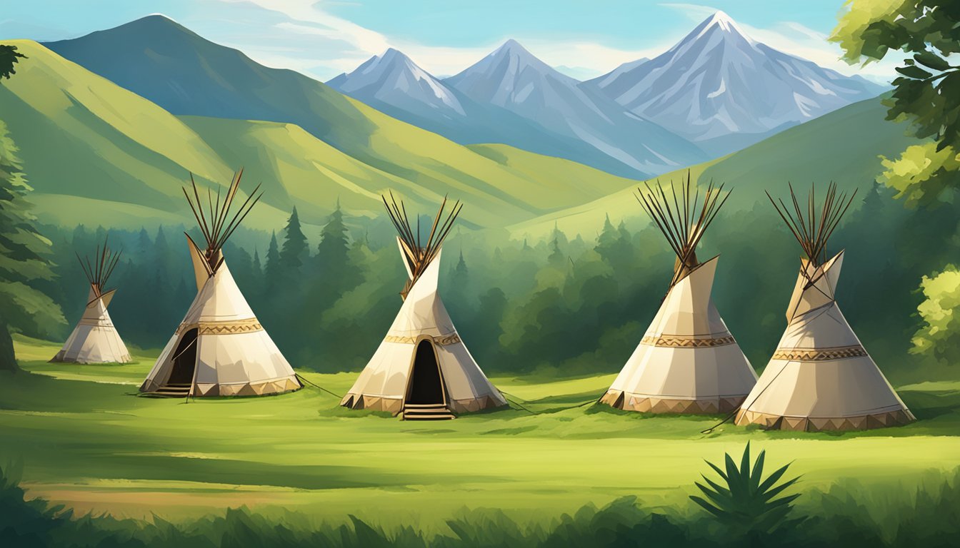 A group of Native American teepees nestled in a lush green valley, with a majestic mountain range in the background