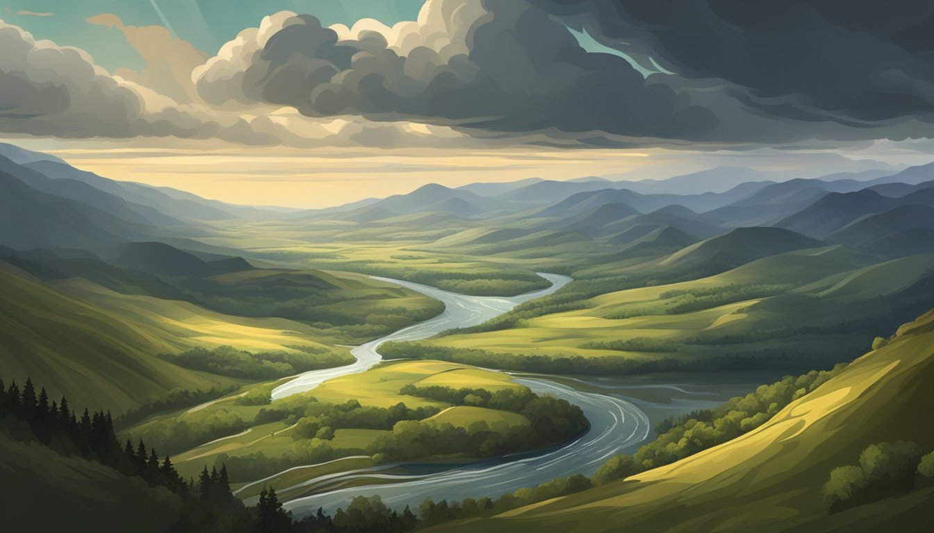 A vast, rugged landscape with rolling hills, dense forests, and a winding river under a dramatic, stormy sky