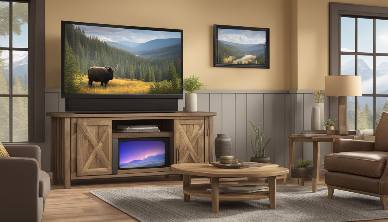 A rustic television set displaying the Yellowstone series logo on the screen, surrounded by cozy living room decor