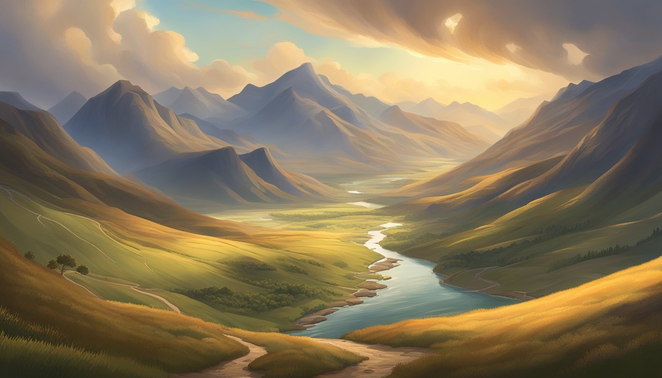 A vast, rugged landscape with rolling hills, towering mountains, and a winding river cutting through the valley. The sky is filled with dramatic clouds, and the scene is bathed in warm, golden light