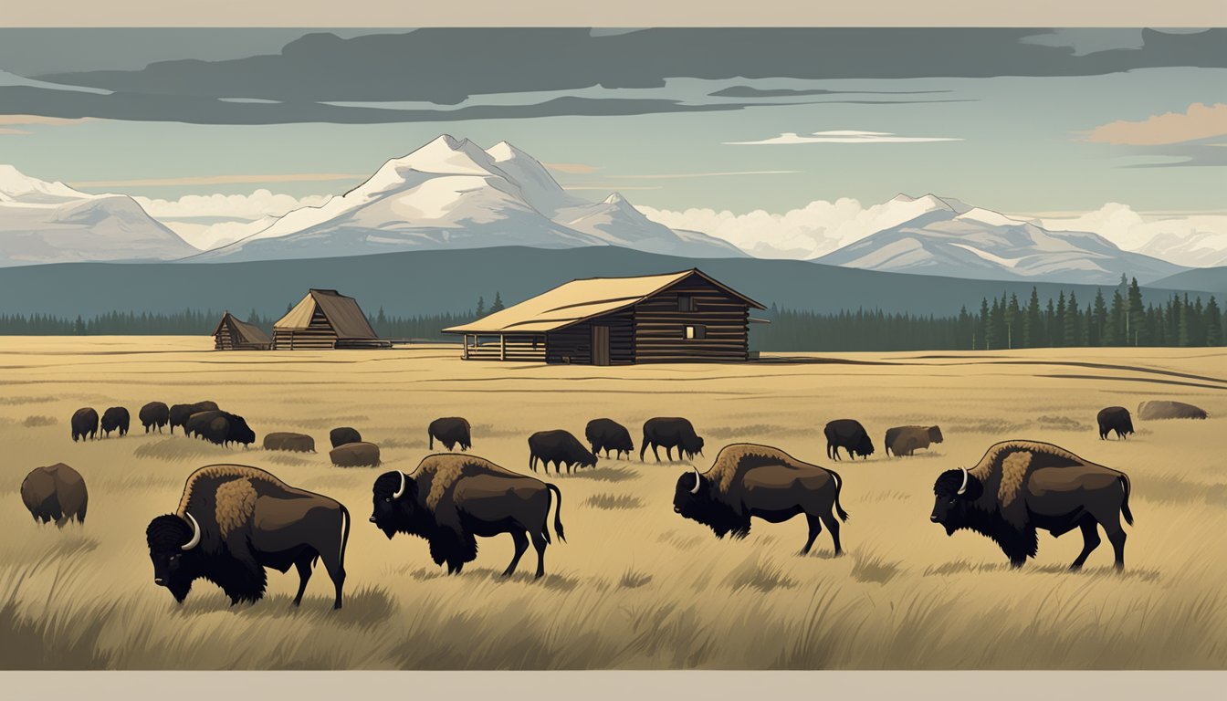 A serene landscape with a dramatic sky, a rustic cabin, and a herd of grazing bison in the foreground