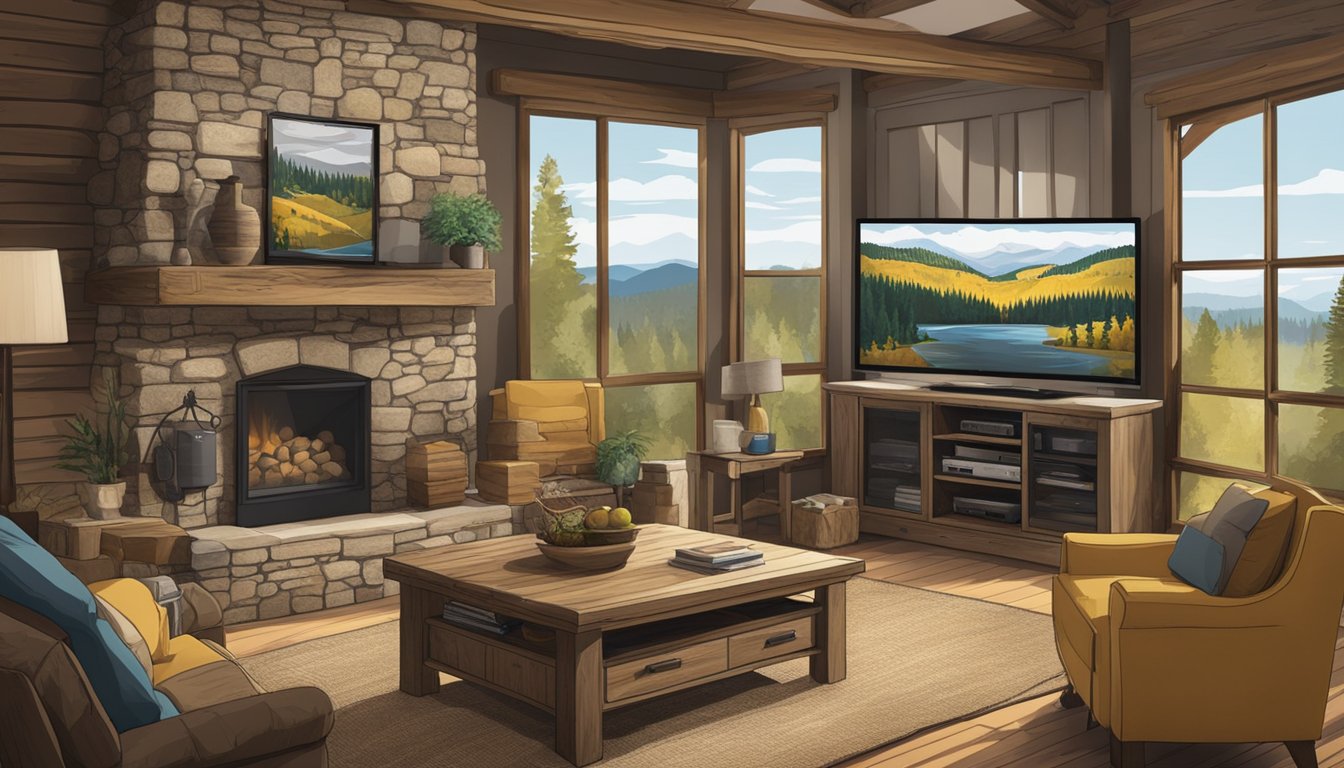 A rustic living room with a large flat-screen TV displaying the Yellowstone series on a popular network