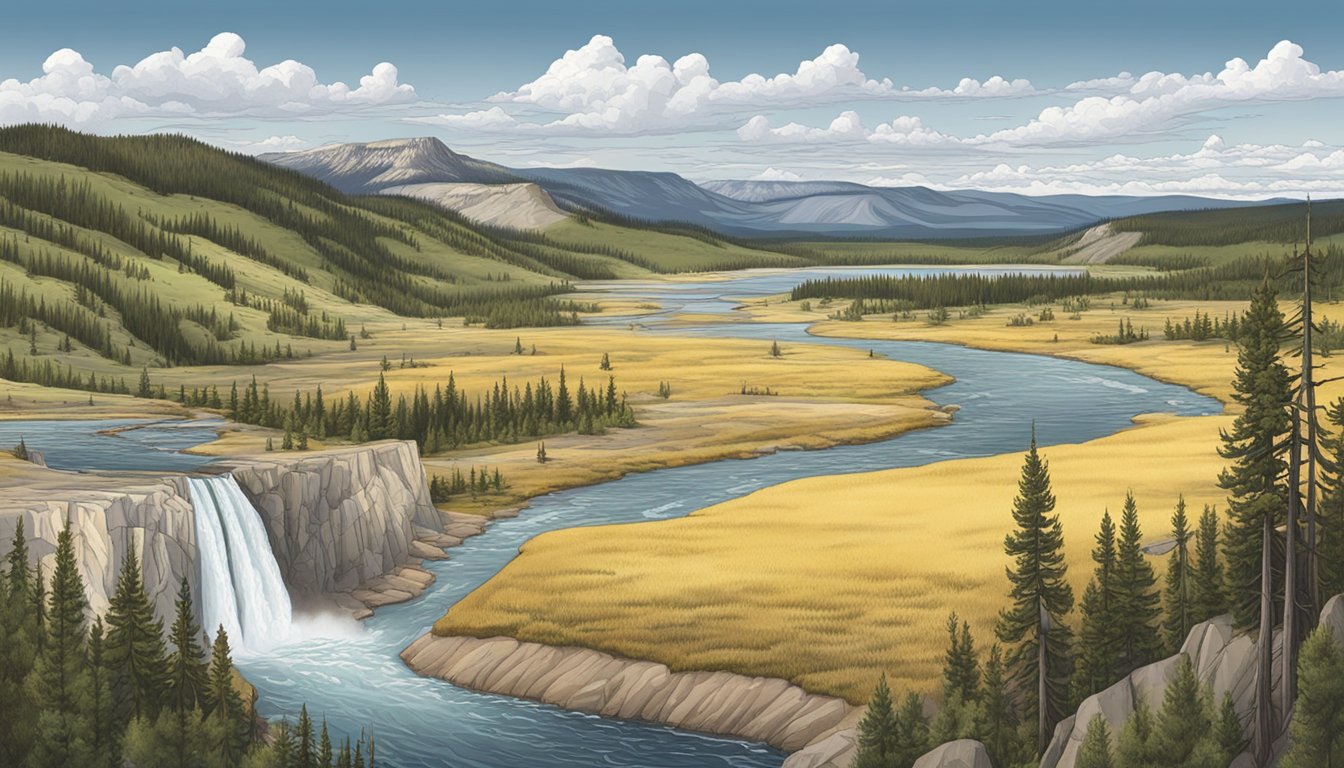 A panoramic view of Yellowstone's iconic landscapes, with a focus on the rugged terrain and diverse wildlife