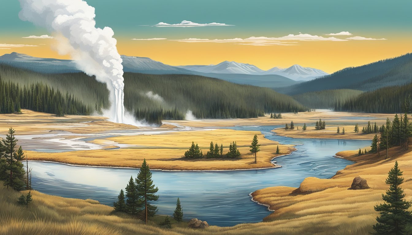 The scene shows the iconic landscapes of Yellowstone National Park, with its geysers, mountains, and wildlife, capturing the beauty of the state of Wyoming