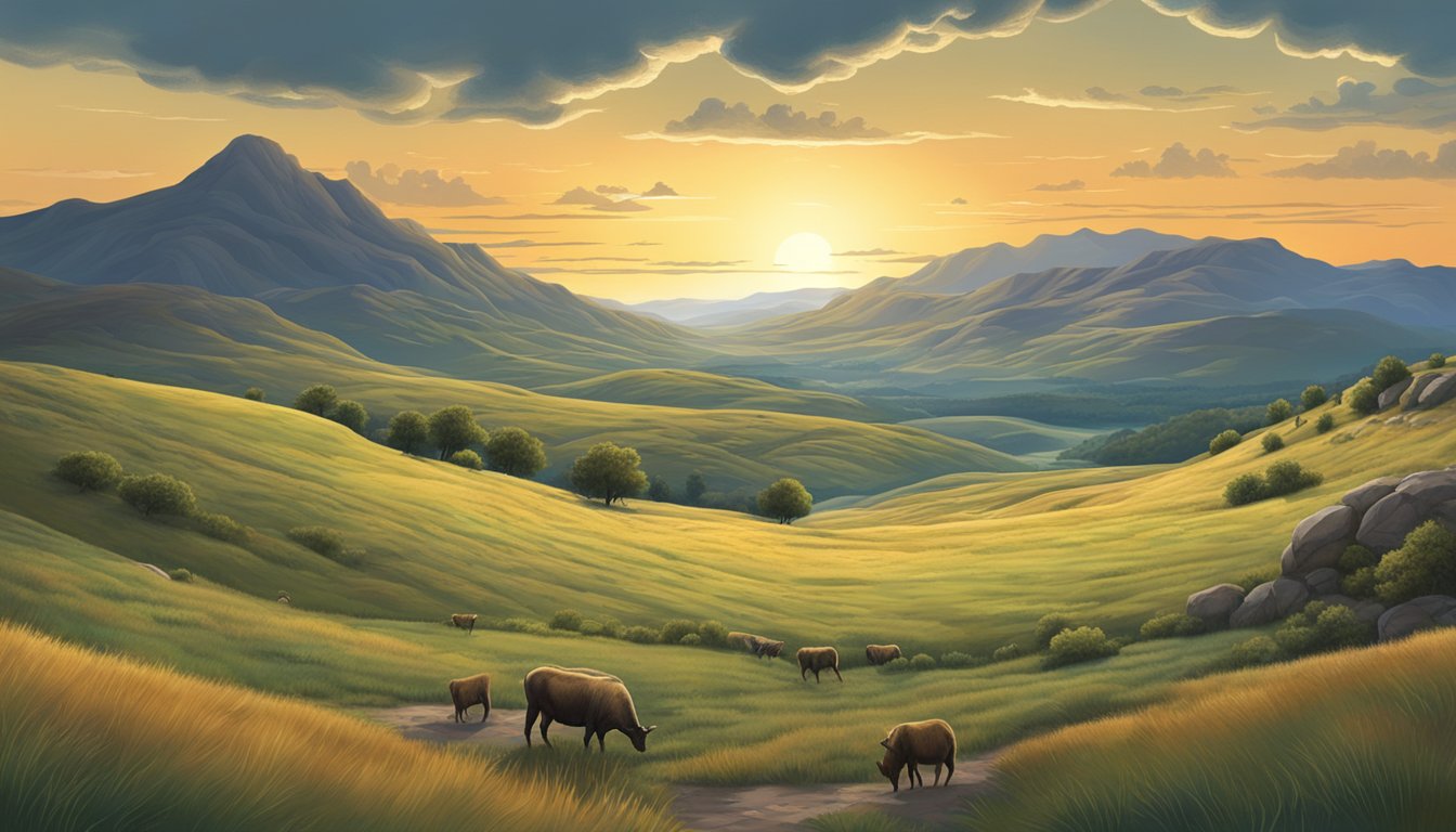 A vast, rugged landscape with rolling hills, grazing wildlife, and a dramatic sky