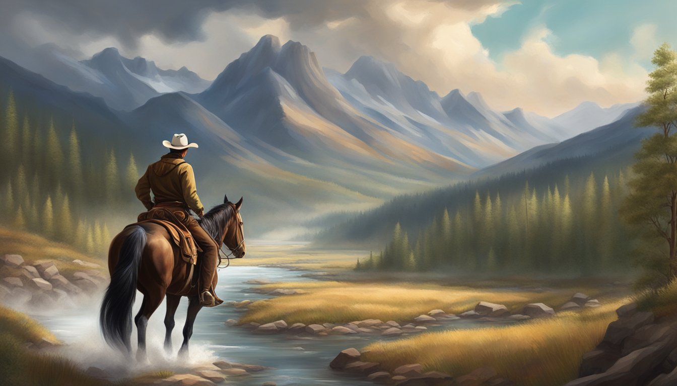 A cowboy riding through a rugged landscape with mountains, rivers, and forests, under a dramatic sky