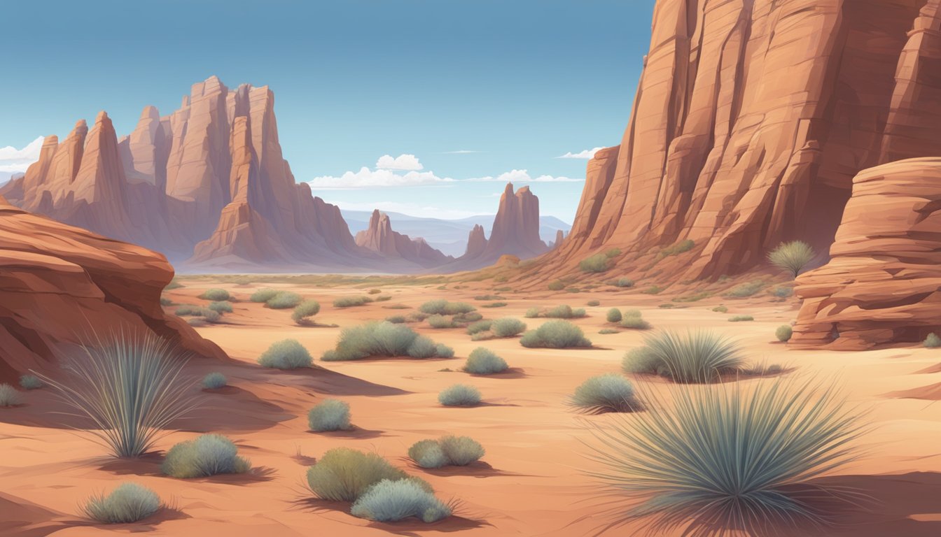 A desert landscape with red rock formations and sparse vegetation, with a clear blue sky overhead