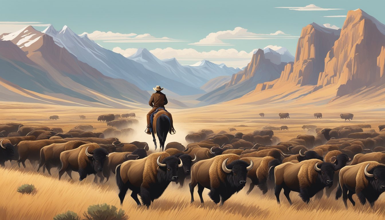 A cowboy riding through a vast, rugged landscape with mountains and a herd of bison in the background