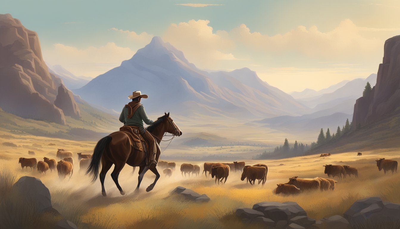 A cowboy riding a horse through a rugged, mountainous landscape with a herd of cattle in the distance