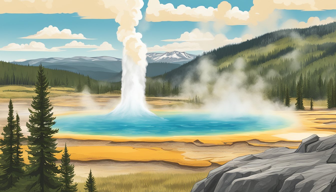 A panoramic view of Yellowstone National Park with iconic geysers and mountains in the background