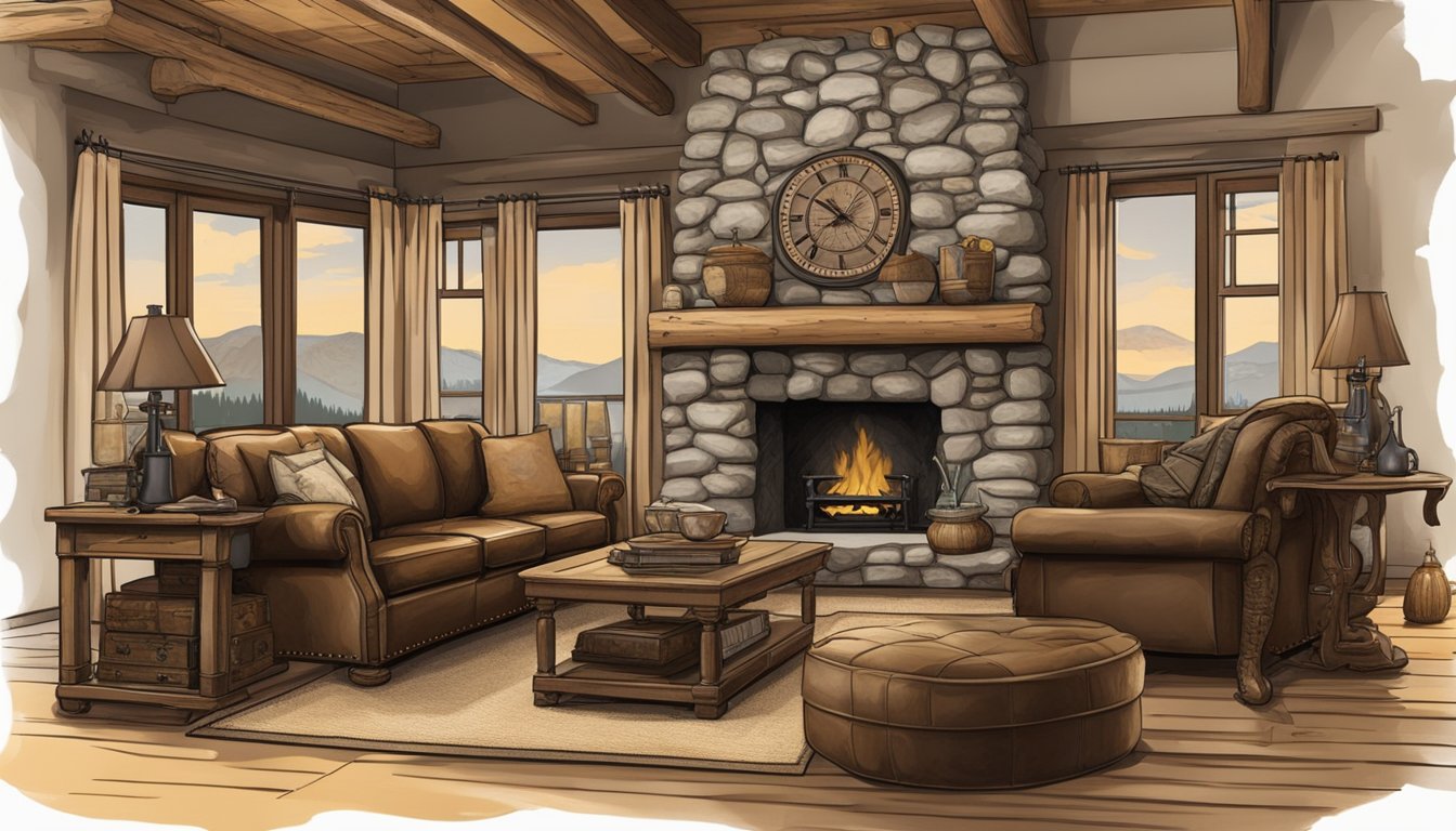 A rustic living room with a large stone fireplace, mounted animal heads, and leather furniture. A map of the Yellowstone area hangs on the wall