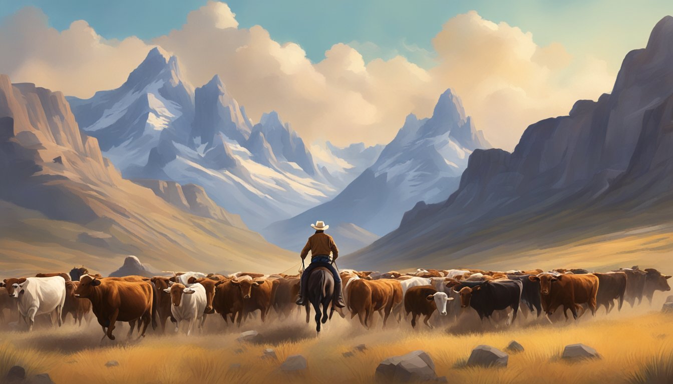 A cowboy riding through a rugged landscape with mountains and a herd of cattle