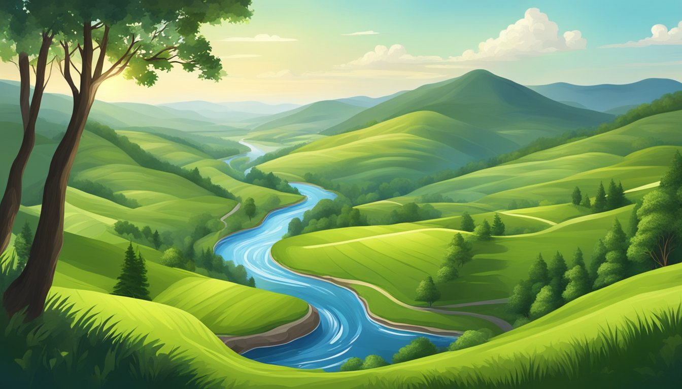 A picturesque landscape of rolling hills and lush forests, with a winding river cutting through the valley