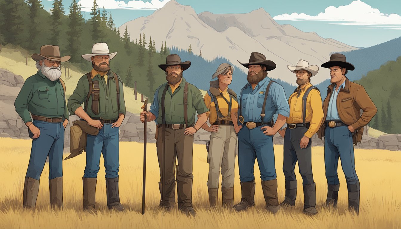 A lineup of iconic characters from the Yellowstone series, each standing in a distinct pose, ready to be depicted by an illustrator