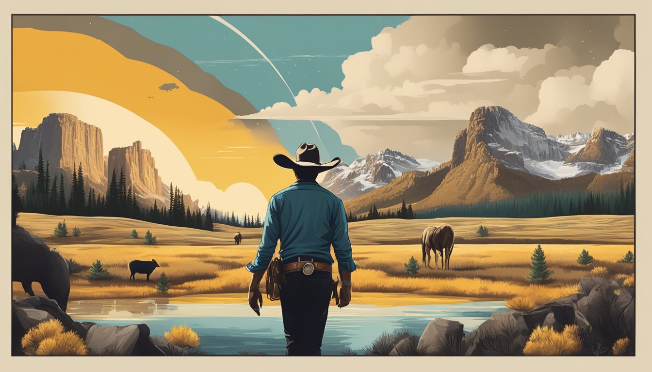 A collage of iconic pop culture symbols and references, such as cowboy hats, wildlife, and dramatic landscapes, with the Yellowstone series playing on a screen in the background