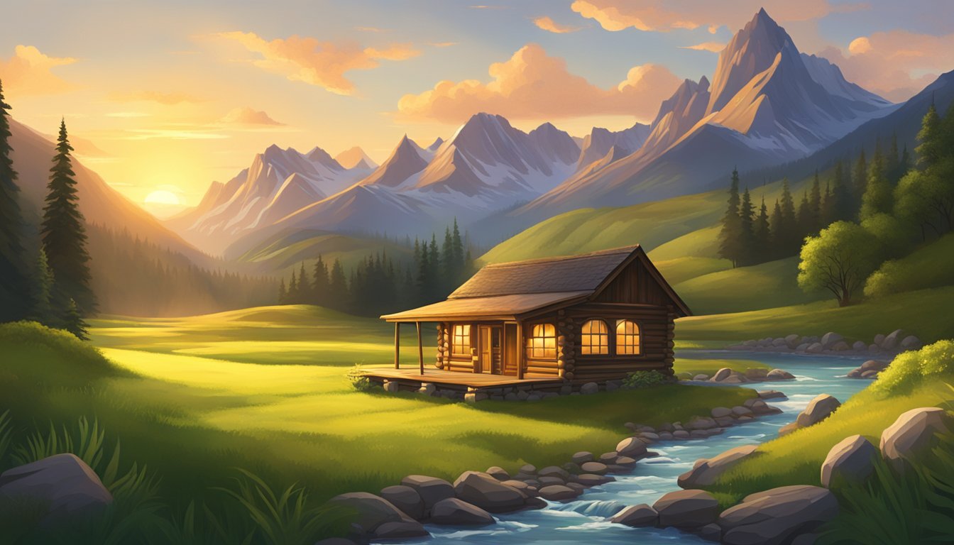 A rustic cabin in a lush green valley, surrounded by towering mountains and a winding river. The sun sets behind the peaks, casting a warm glow over the landscape